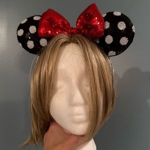 Minnie Mouse ears headband black and white polka dots red bow